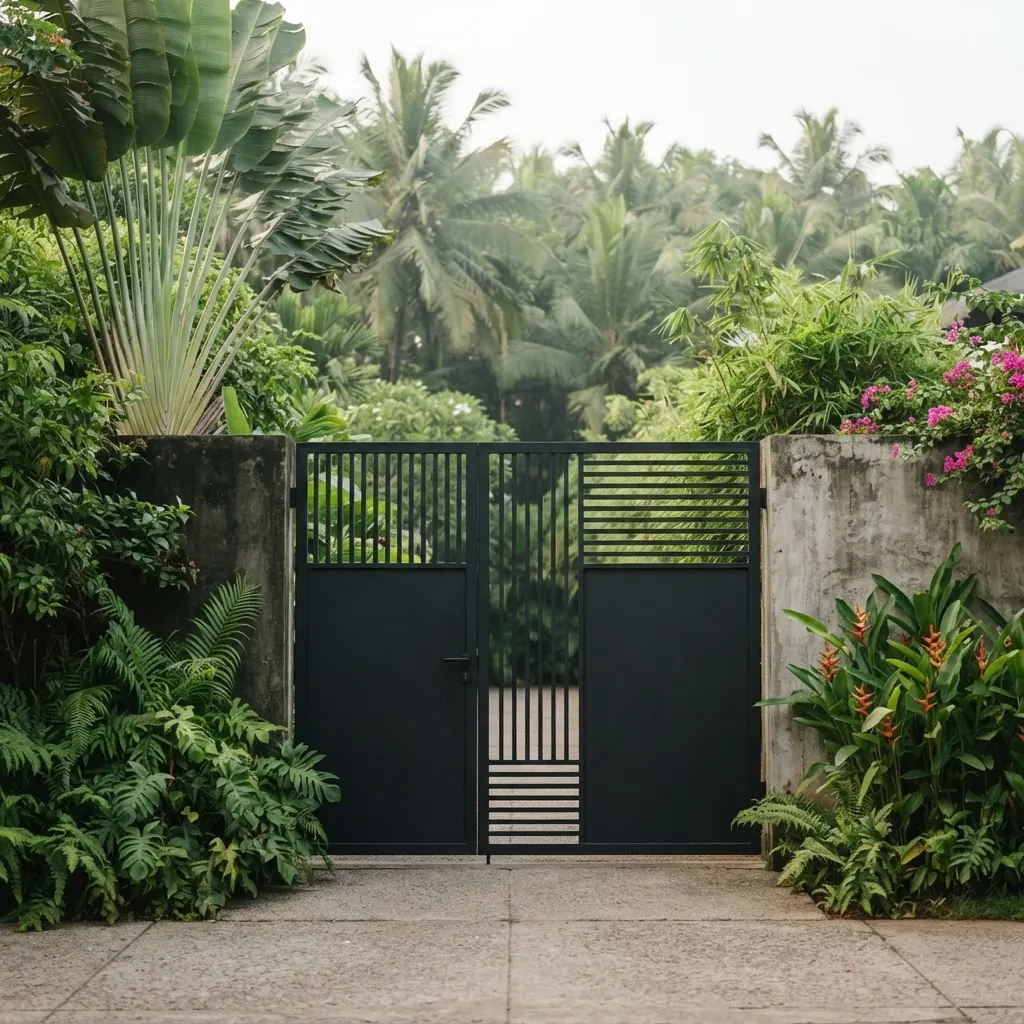 Custom steel gate at a tropical Goa home