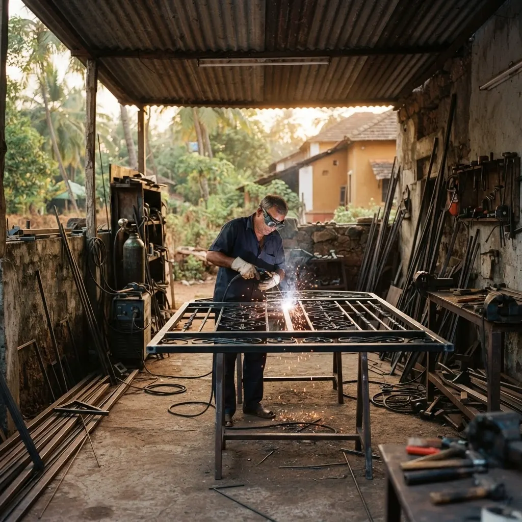 Craftsman welding a steel gate in the Harsha Innovation workshop